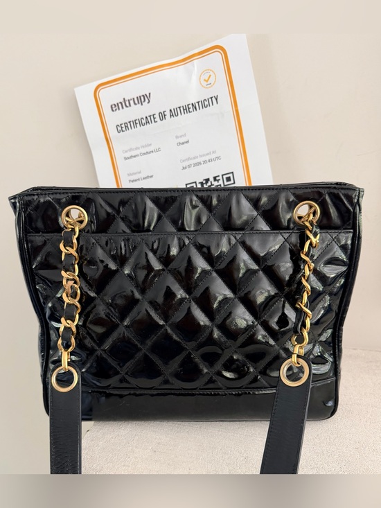 CHANEL Handbags - CHANEL Vintage Black Patent Quilted Chain Tote Bag + Entrupy COA